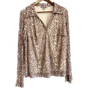 12 Thompson Blouse Womens 1X Collared Animal Print Mesh Lined Sheer Leopard